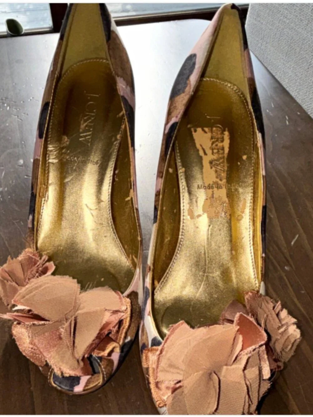 VintageJ.CREW Floral Open Toe Fabric Pump Heels w/ Flower Accent Stiletto Size 7